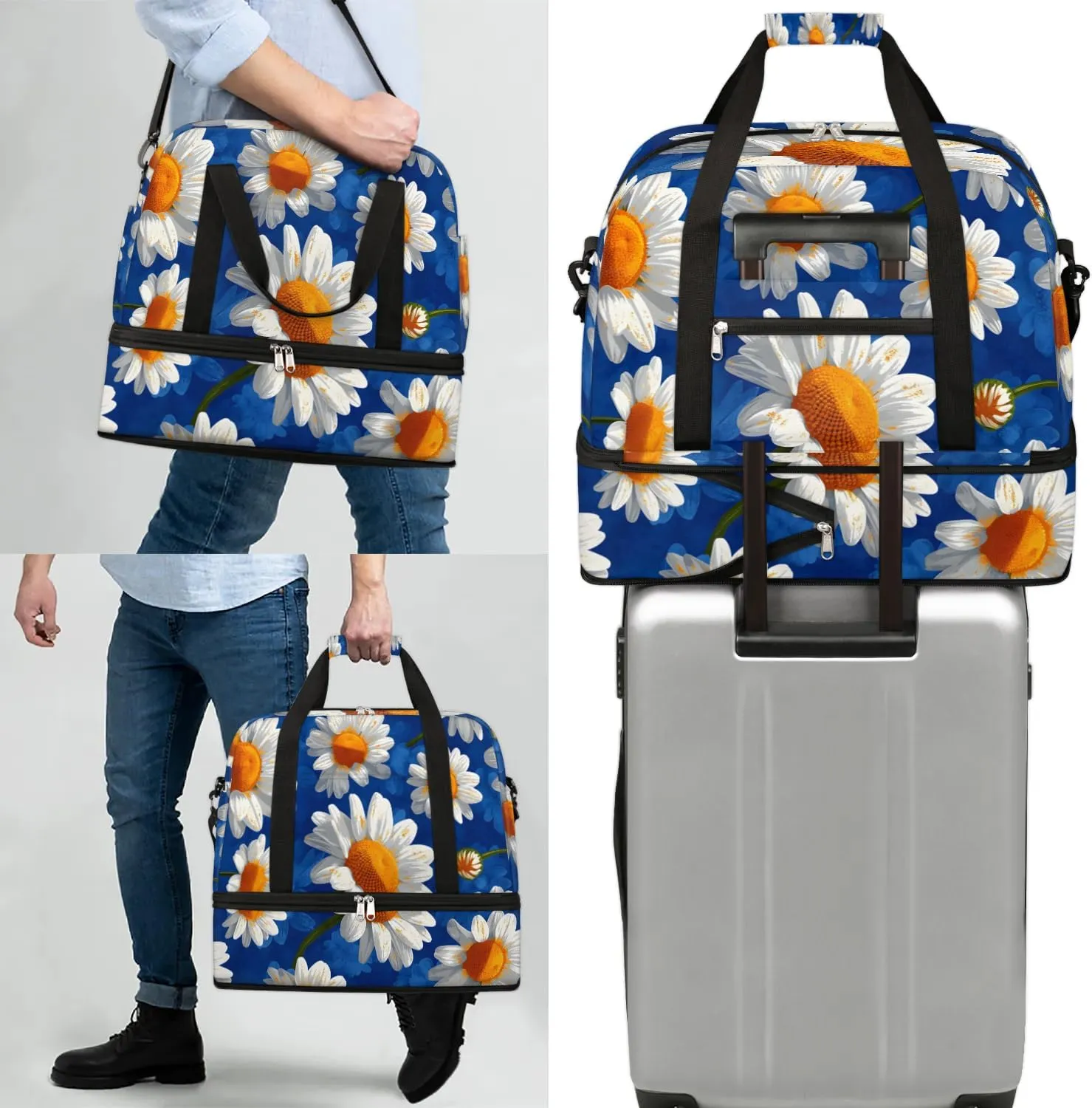 Exquisite Daisy Printing Colorful Travel Duffle Bag, Collapsible Travel Bag Sports Gym Bag With Shoes Compartment Weekender Bag Overnight Bag For Women Men