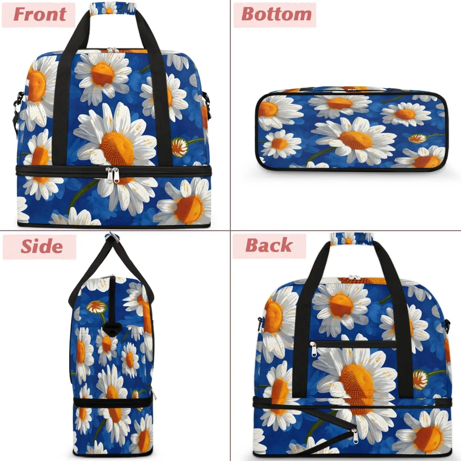 Exquisite Daisy Printing Colorful Travel Duffle Bag, Collapsible Travel Bag Sports Gym Bag With Shoes Compartment Weekender Bag Overnight Bag For Women Men