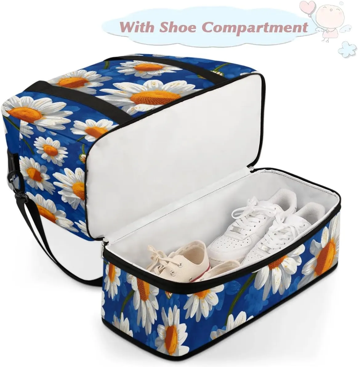 Exquisite Daisy Printing Colorful Travel Duffle Bag, Collapsible Travel Bag Sports Gym Bag With Shoes Compartment Weekender Bag Overnight Bag For Women Men