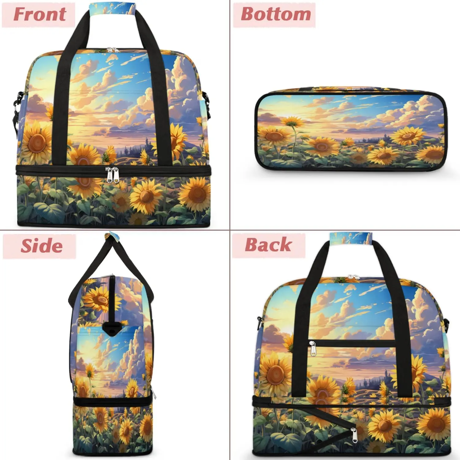 Exquisite Drawing Flower Printing Travel Duffle Bag, Collapsible Travel Bag Sports Gym Bag With Shoes Compartment Weekender Bag Overnight Bag For Women Men