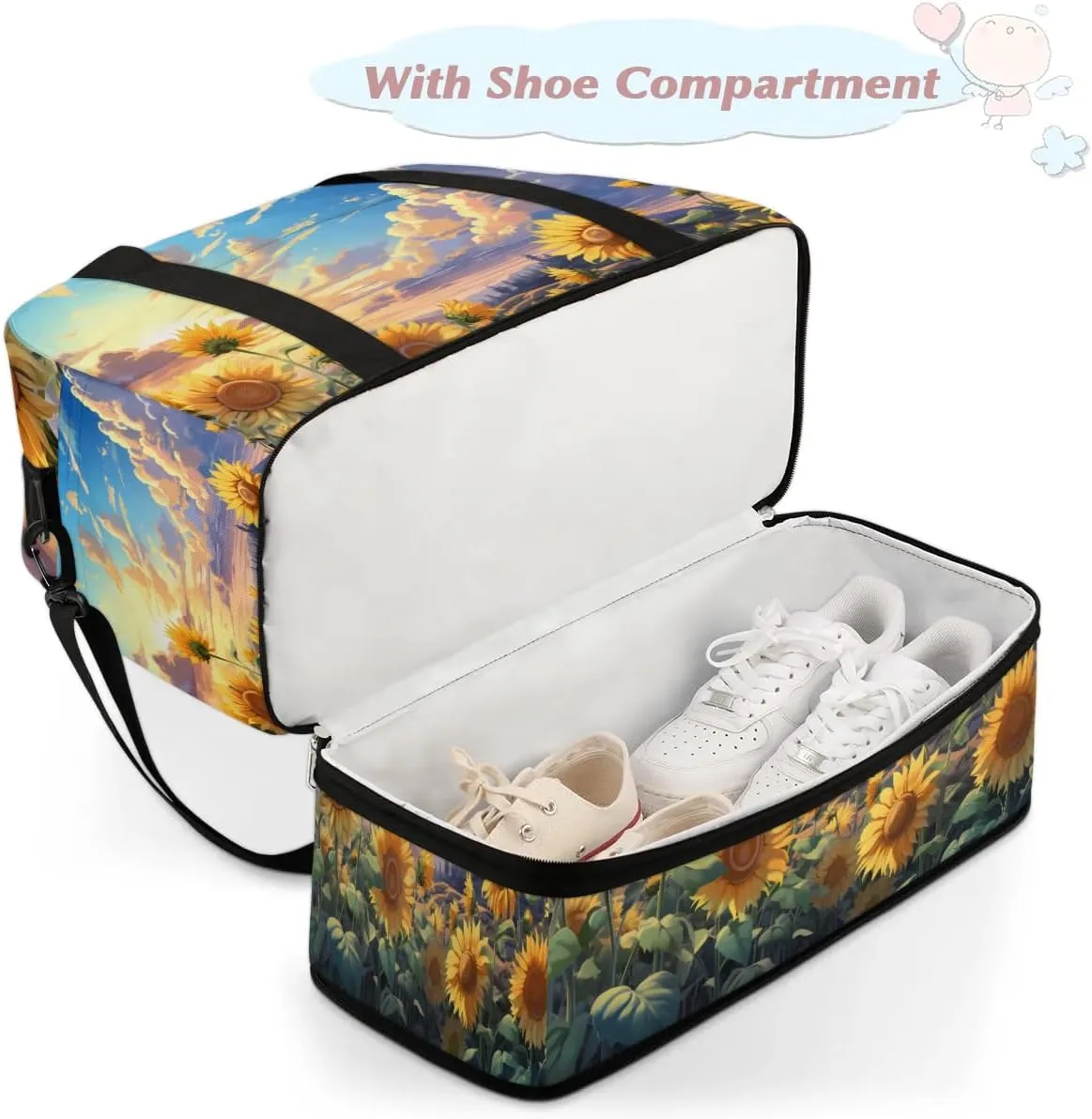 Exquisite Drawing Flower Printing Travel Duffle Bag, Collapsible Travel Bag Sports Gym Bag With Shoes Compartment Weekender Bag Overnight Bag For Women Men