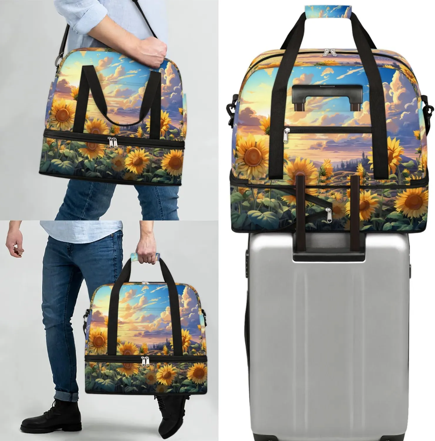 Exquisite Drawing Flower Printing Travel Duffle Bag, Collapsible Travel Bag Sports Gym Bag With Shoes Compartment Weekender Bag Overnight Bag For Women Men