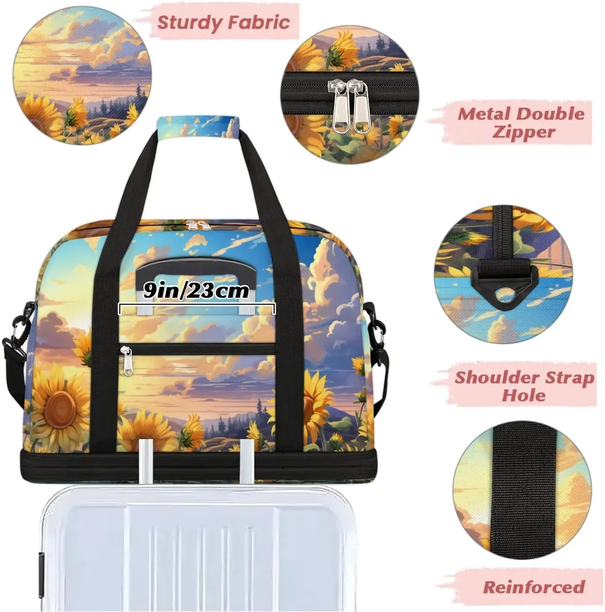 Exquisite Drawing Flower Printing Travel Duffle Bag, Collapsible Travel Bag Sports Gym Bag With Shoes Compartment Weekender Bag Overnight Bag For Women Men