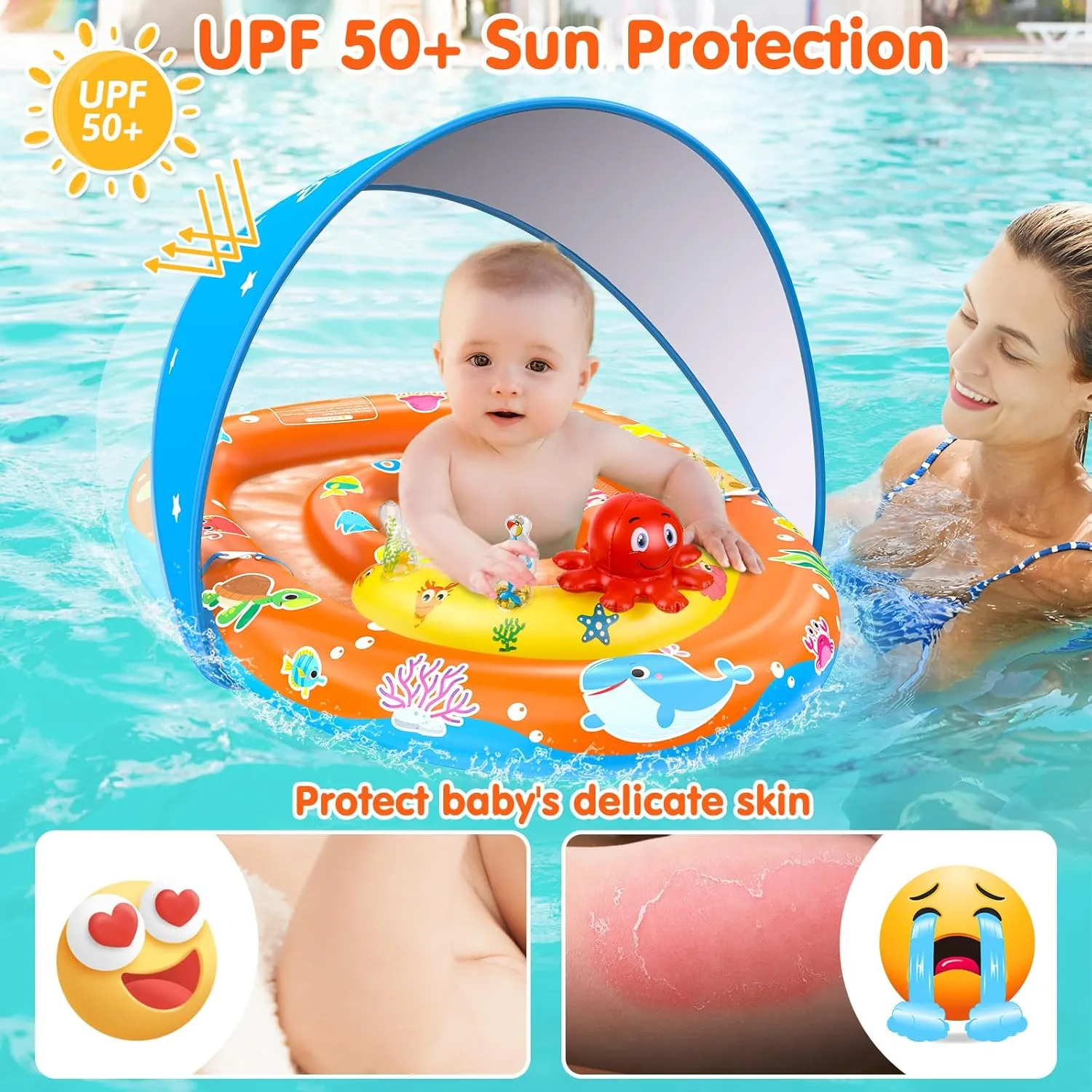 EZIGO Baby Pool Float with Canopy UPF 50  Sun Protection, Double Air Chambers Infants Swimming Floats with Sound Toys Adjustable Safety Seat Toddler Float for Boys and Girls 6-36 Months