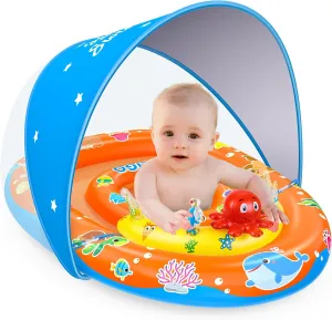EZIGO Baby Pool Float with Canopy UPF 50  Sun Protection, Double Air Chambers Infants Swimming Floats with Sound Toys Adjustable Safety Seat Toddler Float for Boys and Girls 6-36 Months