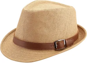 FALETO Straw Fedora Hat Classic Panama Trilby Hats Short Brim Sun Hat for Men Women
