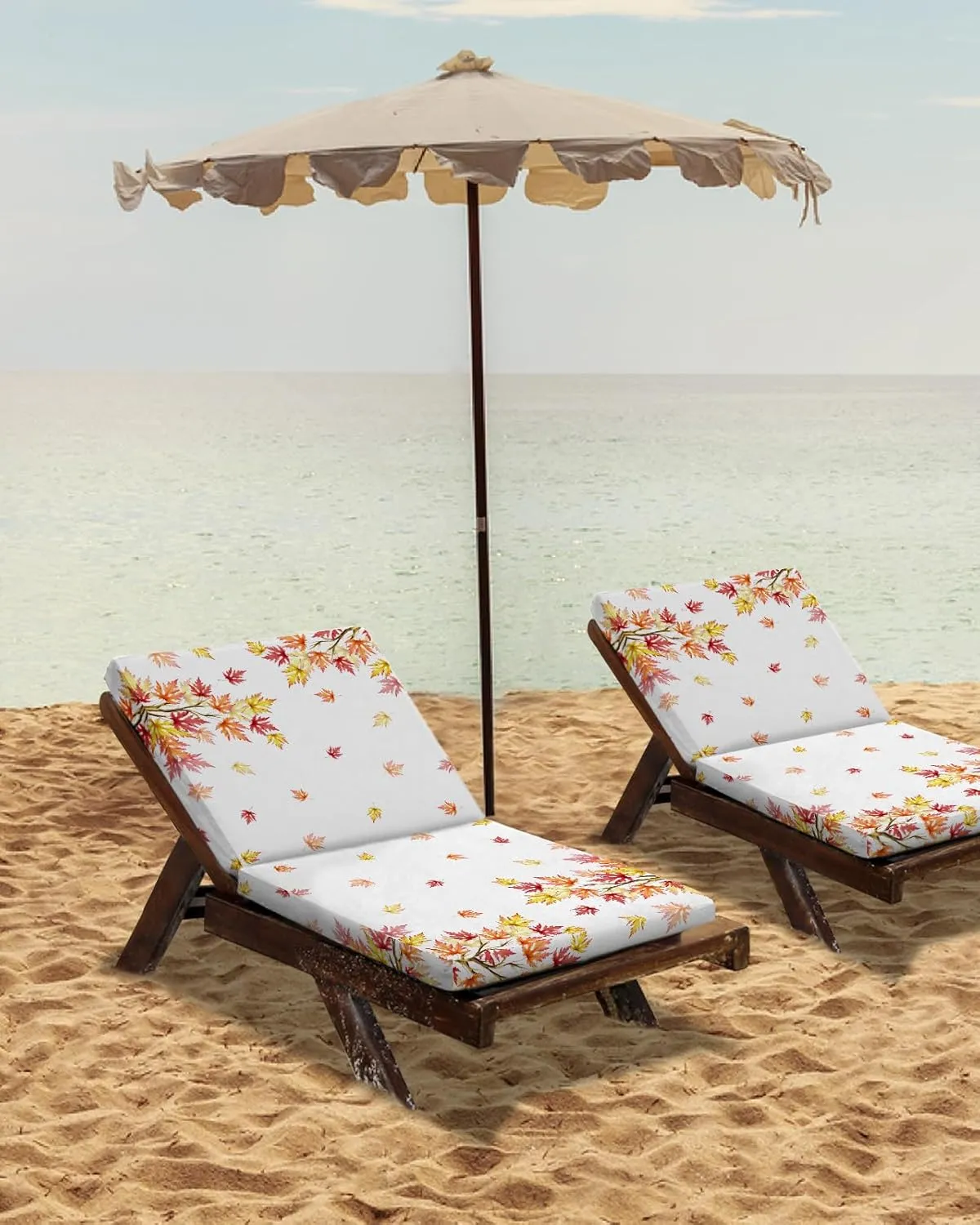 Fall Leaves Indoor/Outdoor Seat Cushions Cover Set of 2, Happy Thanksgiving Harvest Autumn White Waterproof Patio Chaise Lounge Cushion Cover for Beach Pool Side Chair Cushions 20''x18''x4''