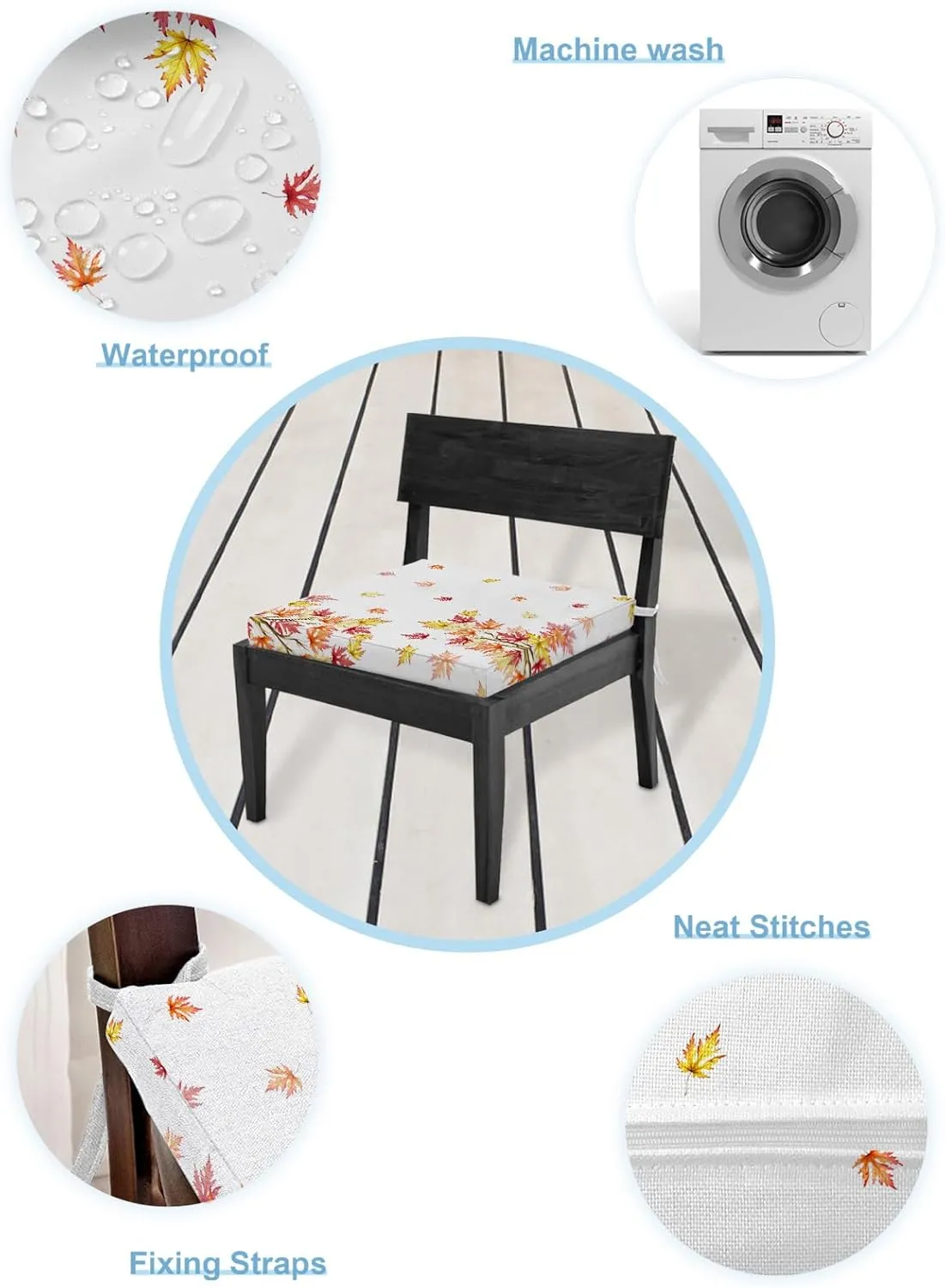 Fall Leaves Indoor/Outdoor Seat Cushions Cover Set of 2, Happy Thanksgiving Harvest Autumn White Waterproof Patio Chaise Lounge Cushion Cover for Beach Pool Side Chair Cushions 20''x18''x4''