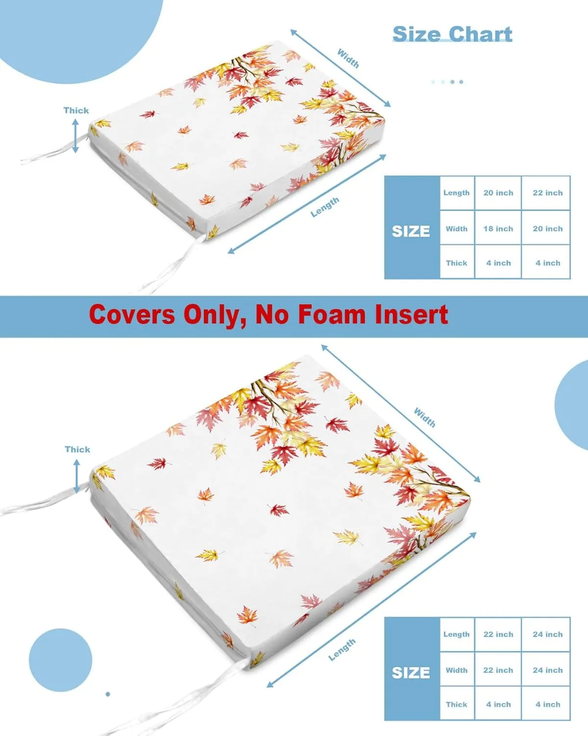 Fall Leaves Indoor/Outdoor Seat Cushions Cover Set of 2, Happy Thanksgiving Harvest Autumn White Waterproof Patio Chaise Lounge Cushion Cover for Beach Pool Side Chair Cushions 20''x18''x4''