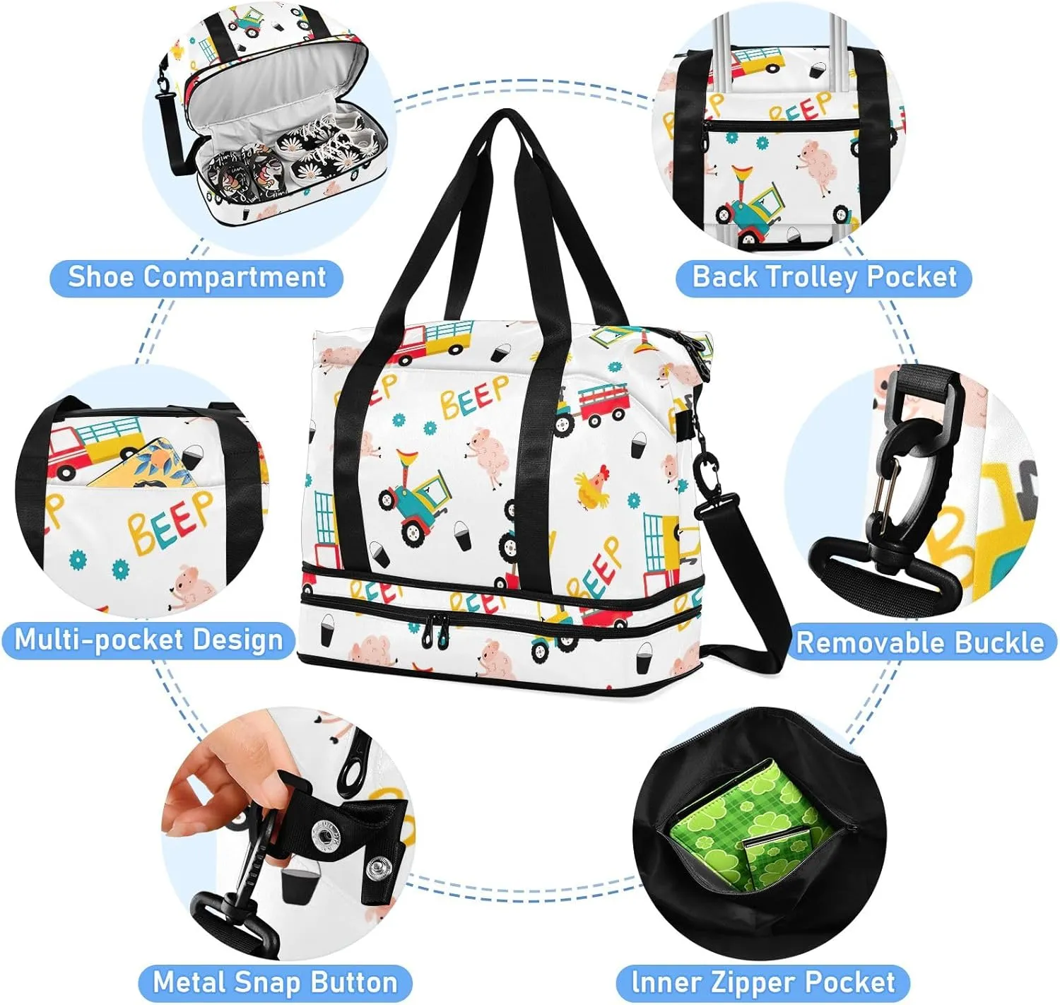 Farm Design Tractor Vehicle Cute Travel Tote for Women Expandable Baseball Duffle Bag, Weekender Duffle Bag with Wet Pocket and Shoes Compartment