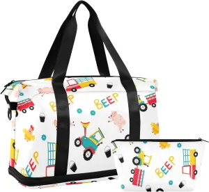 Farm Design Tractor Vehicle Cute Travel Tote for Women Expandable Baseball Duffle Bag, Weekender Duffle Bag with Wet Pocket and Shoes Compartment