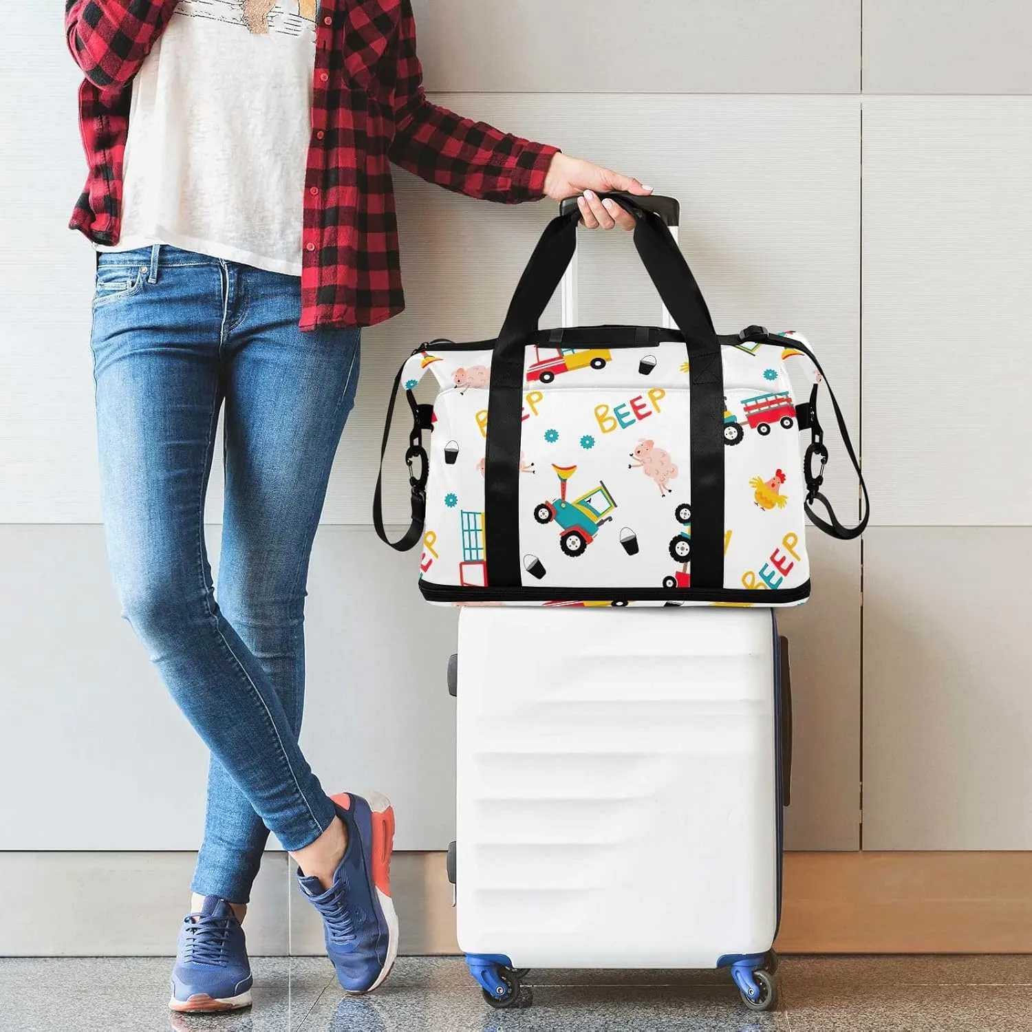 Farm Design Tractor Vehicle Cute Travel Tote for Women Expandable Baseball Duffle Bag, Weekender Duffle Bag with Wet Pocket and Shoes Compartment