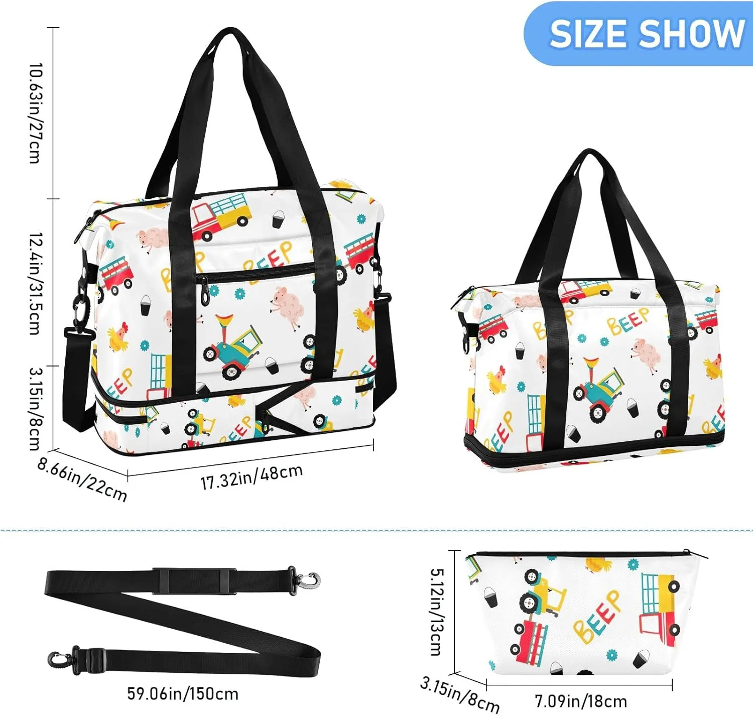 Farm Design Tractor Vehicle Cute Travel Tote for Women Expandable Baseball Duffle Bag, Weekender Duffle Bag with Wet Pocket and Shoes Compartment