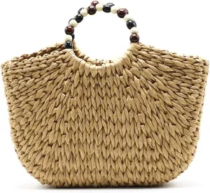 Fashion Women Summer Retro Straw Tote Bag Hand-woven Boho Beach Big Handbag with Beaded Handle (Khaki)