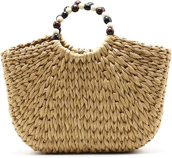 Fashion Women Summer Retro Straw Tote Bag Hand-woven Boho Beach Big Handbag with Beaded Handle (Khaki)