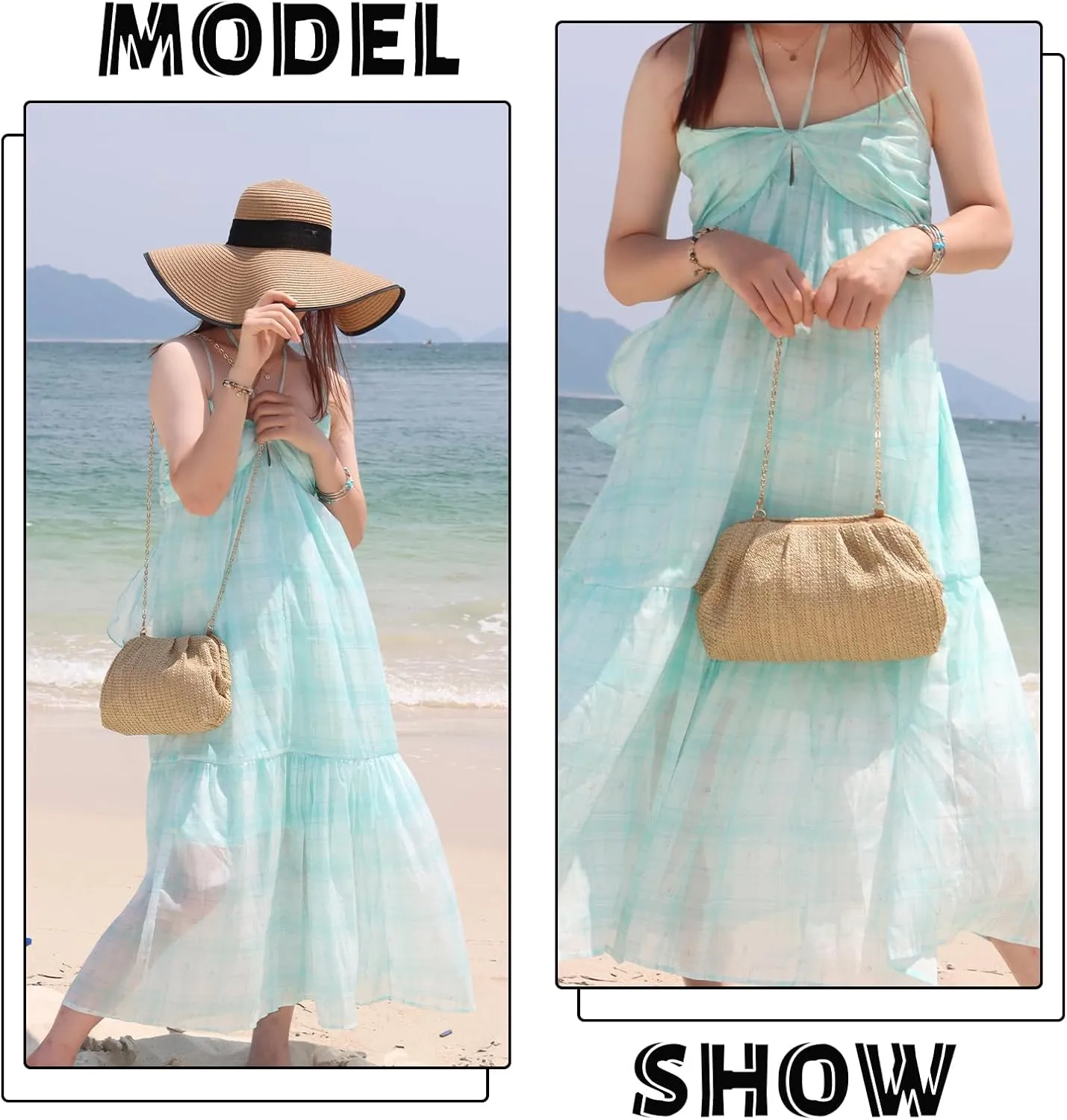 Fecialy Straw Clutch Purse for Women Summer Beach Bag Dumpling Clutch Straw Crossbody Bag Beach Woven Rattan Bag