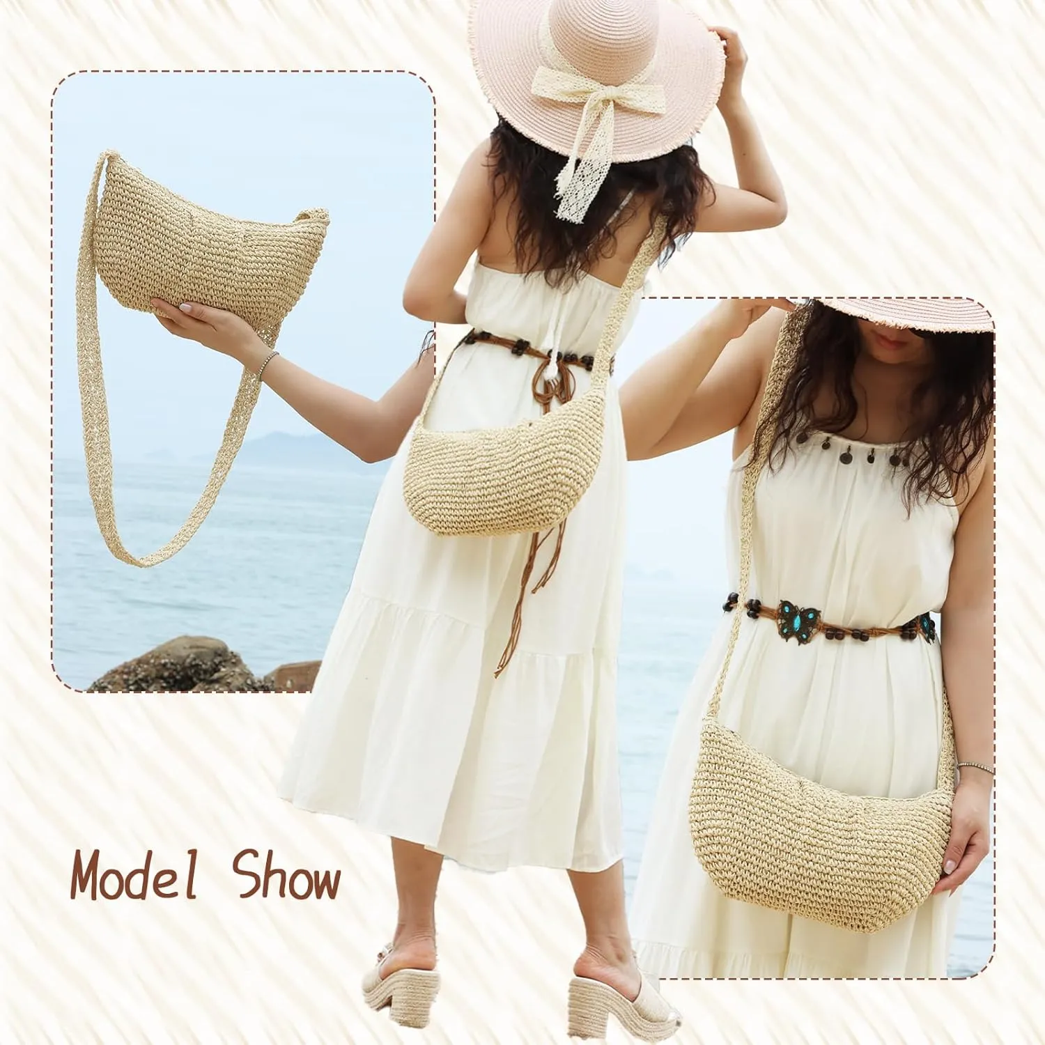 Fecialy Straw Crossbody Bag for Women Pleated Dumpling Shoulder Handbags Ruched Handmade Summer Beach Straw Bag