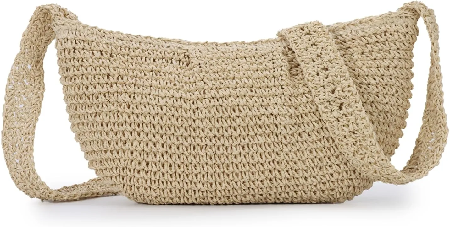 Fecialy Straw Crossbody Bag for Women Pleated Dumpling Shoulder Handbags Ruched Handmade Summer Beach Straw Bag