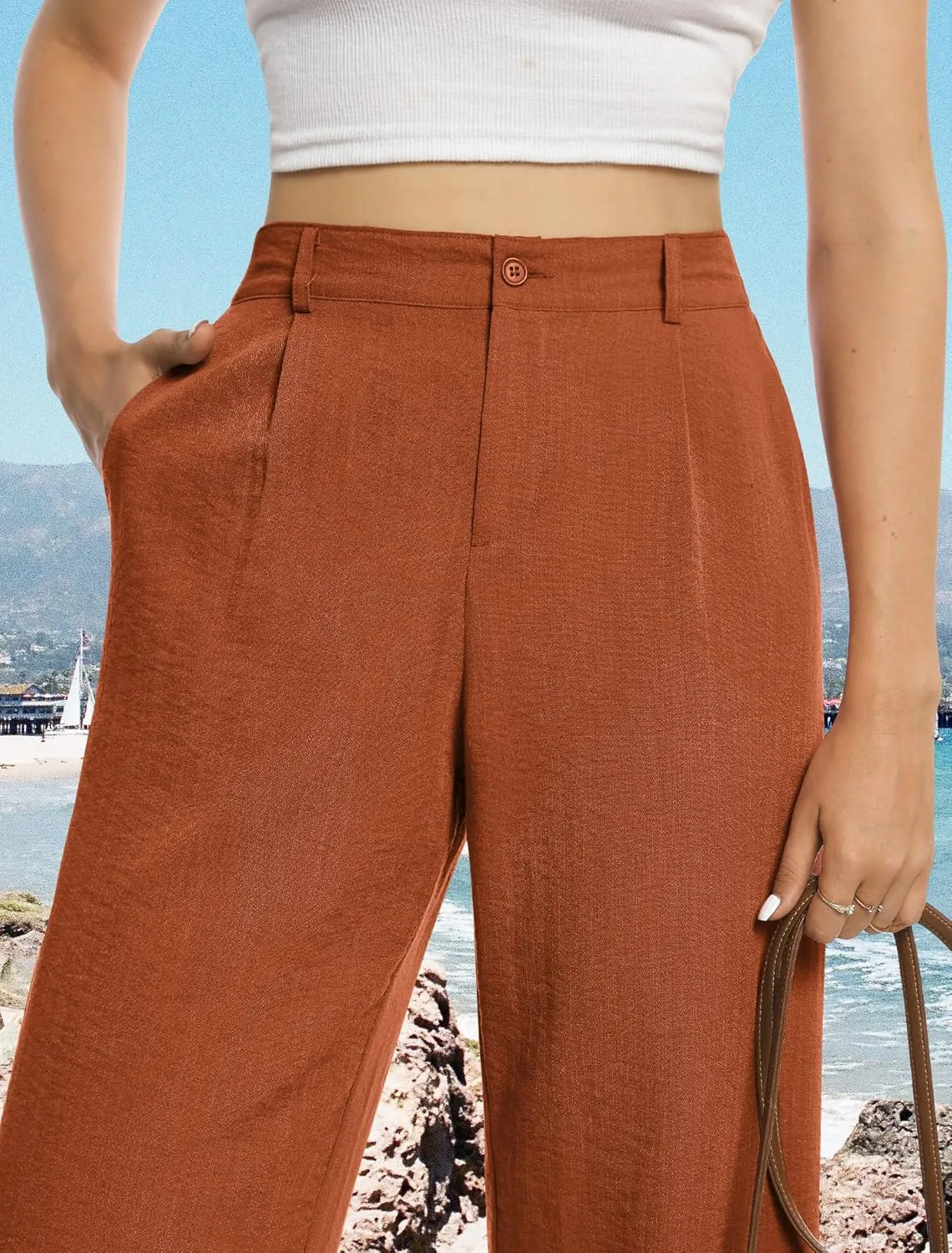 Feiersi Womens Casual Wide Leg Pants High Waisted Button Down Straight Long Trousers Palazzo Pants