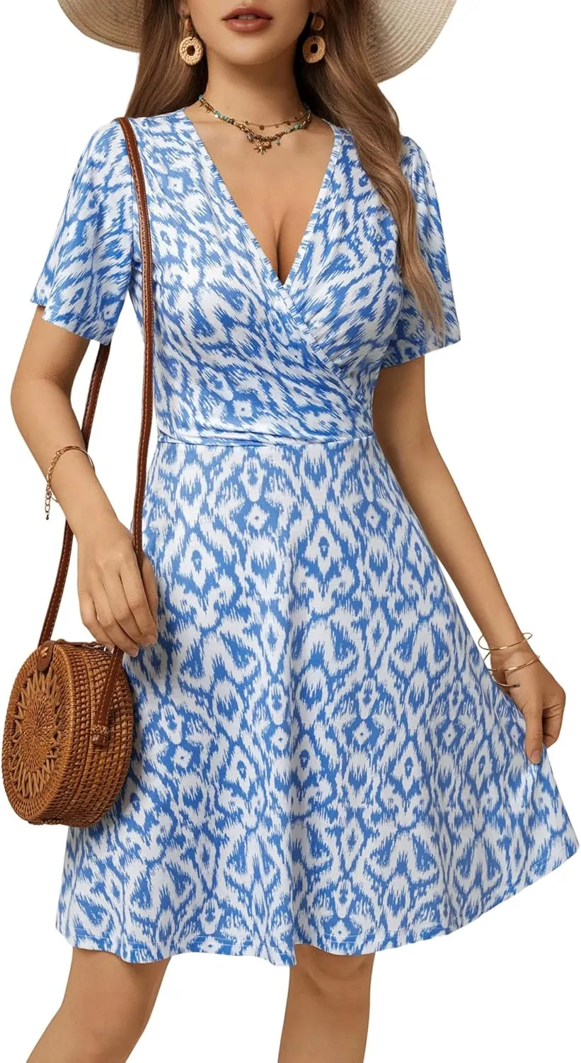 FENSACE Womens Sundress Summer Floral Short Sleeve Wrap V Neck A-Line Midi Dress