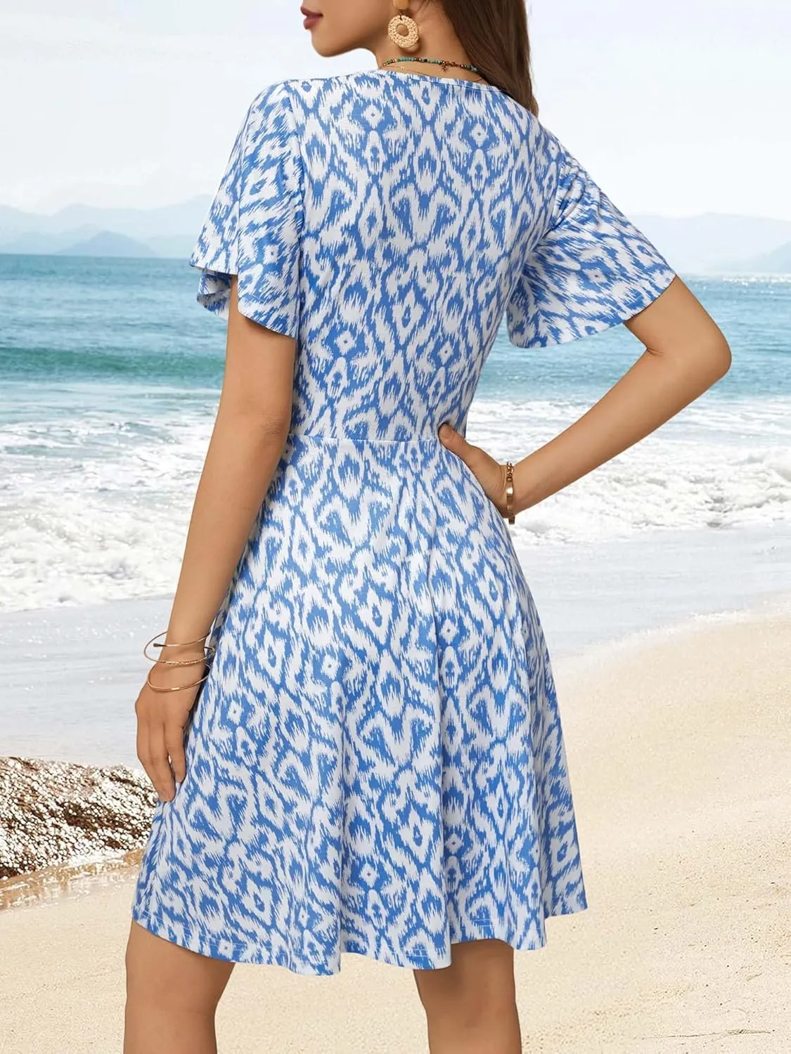 FENSACE Womens Sundress Summer Floral Short Sleeve Wrap V Neck A-Line Midi Dress