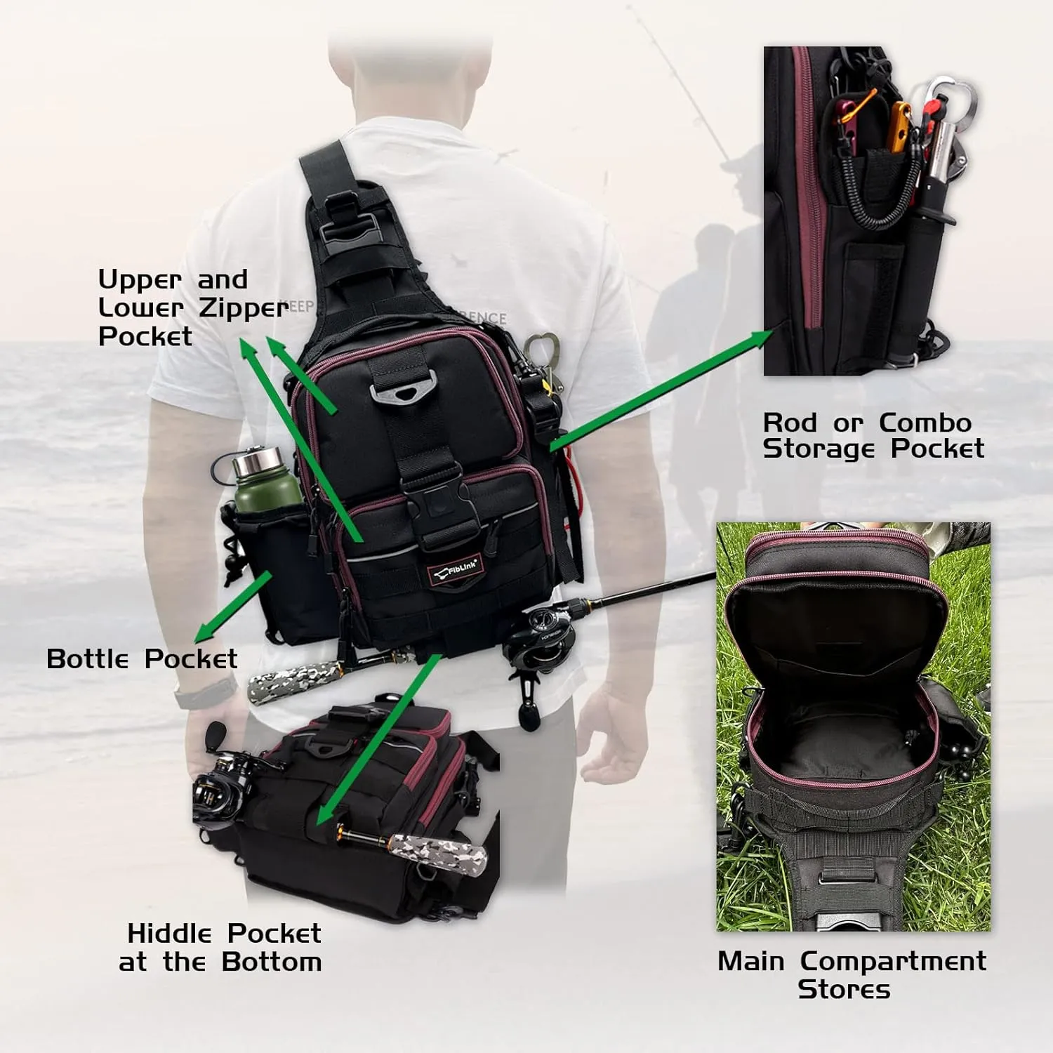 Fiblink Tackle Backpack - Water-Resistant Storage Pack With Rod & Gear Holder, Fishing Shoulder Bag