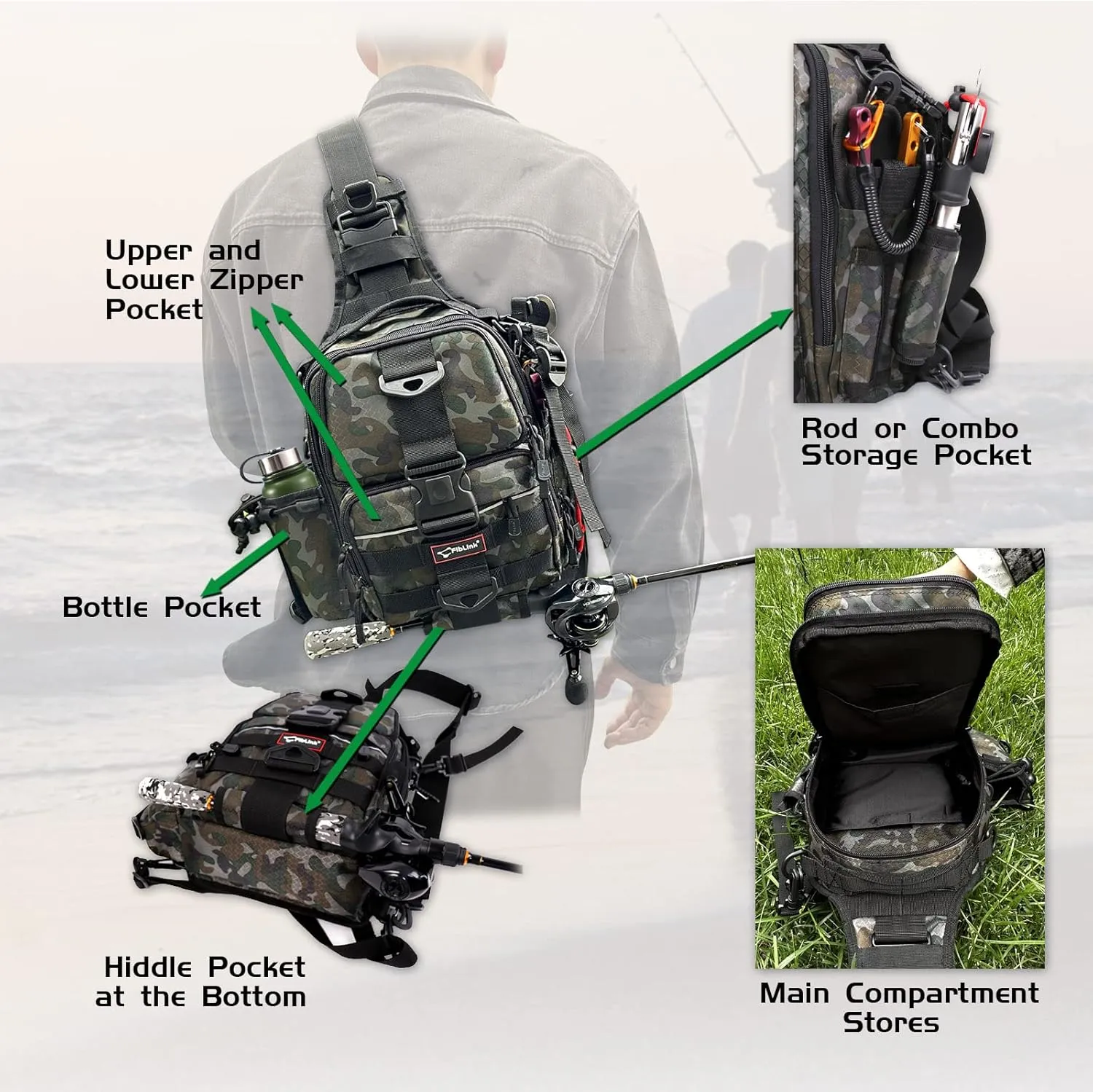 Fiblink Tackle Backpack - Water-Resistant Storage Pack With Rod & Gear Holder, Fishing Shoulder Bag