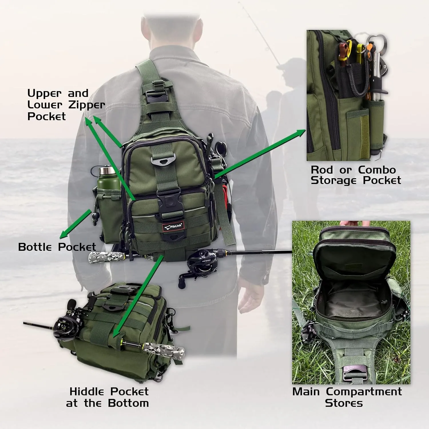 Fiblink Tackle Backpack - Water-Resistant Storage Pack With Rod & Gear Holder, Fishing Shoulder Bag