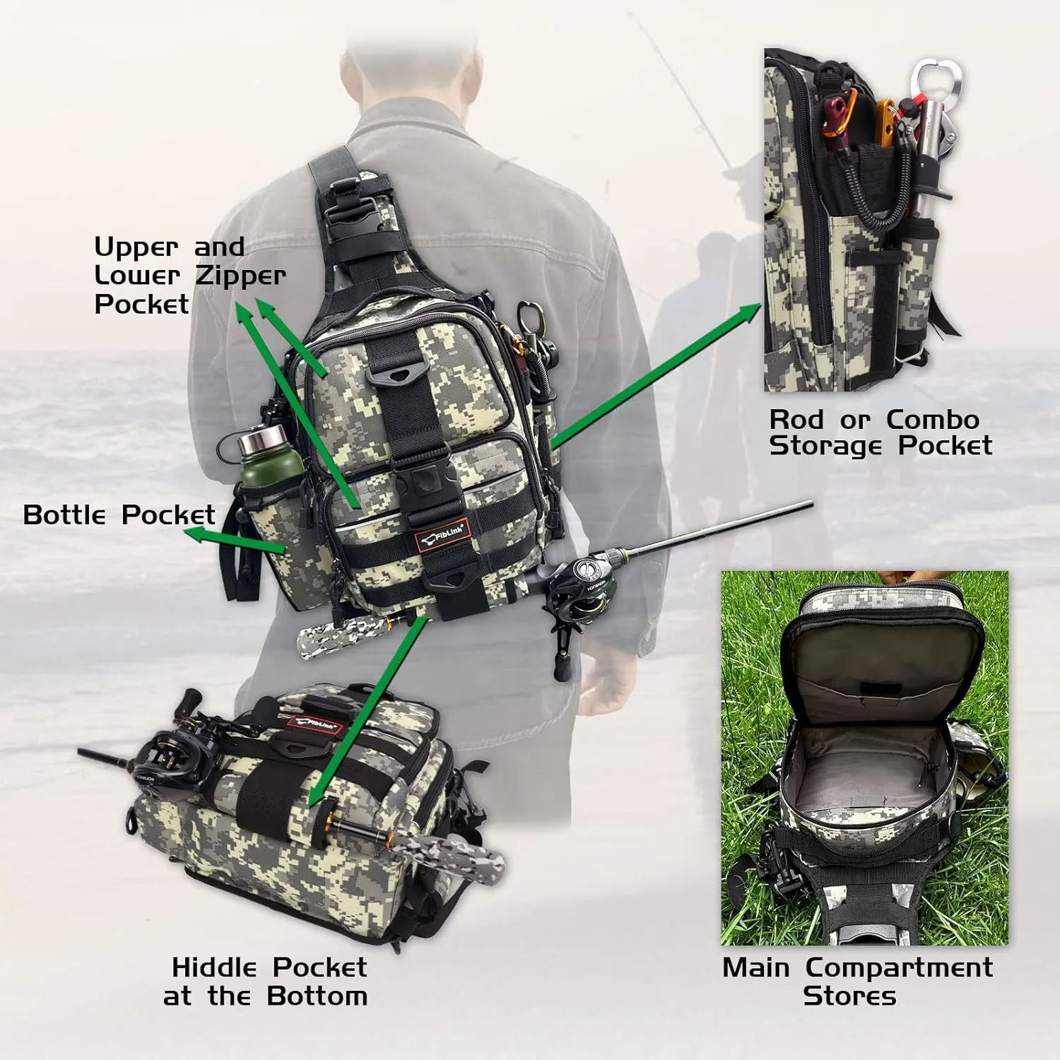Fiblink Tackle Backpack - Water-Resistant Storage Pack With Rod & Gear Holder, Fishing Shoulder Bag