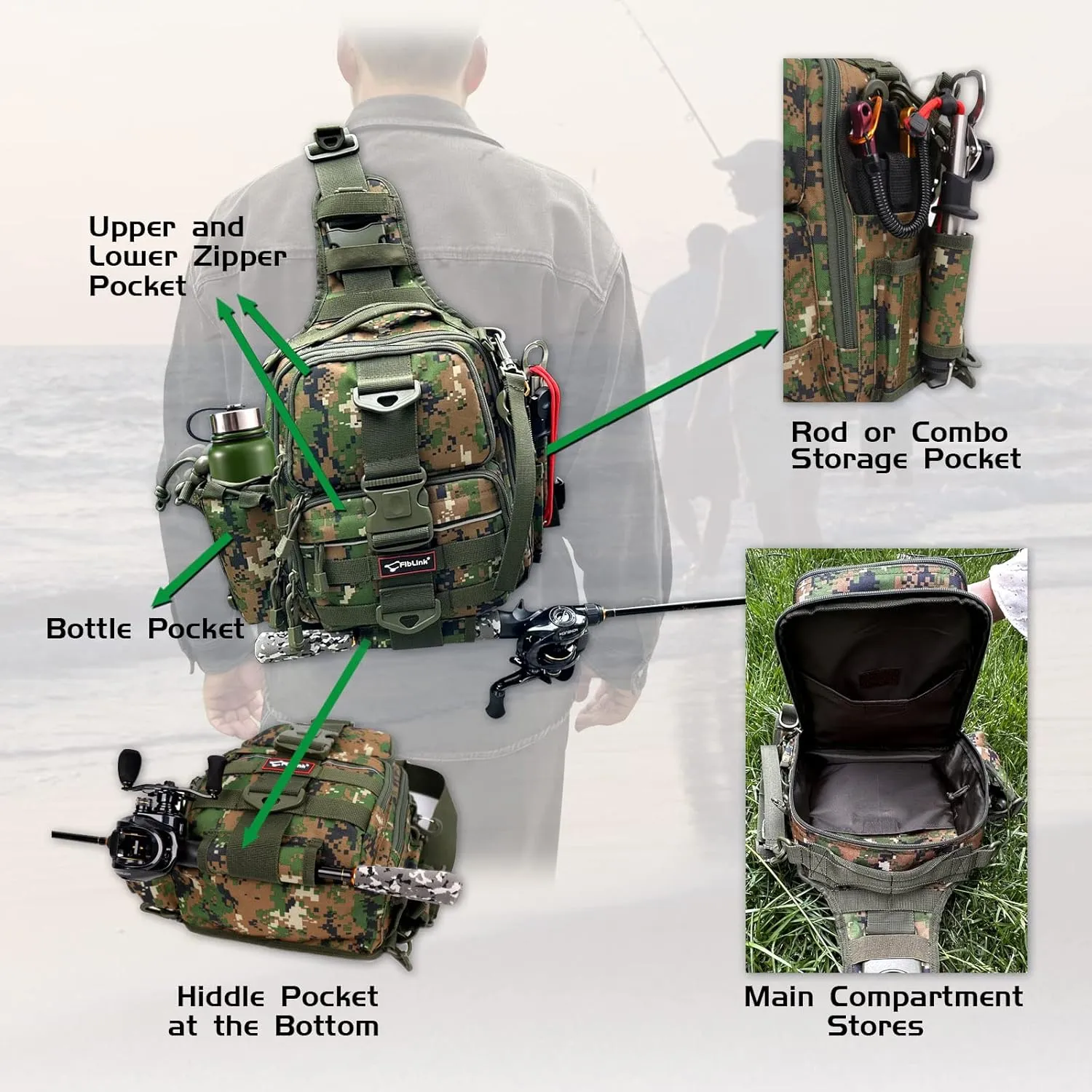 Fiblink Tackle Backpack - Water-Resistant Storage Pack With Rod & Gear Holder, Fishing Shoulder Bag