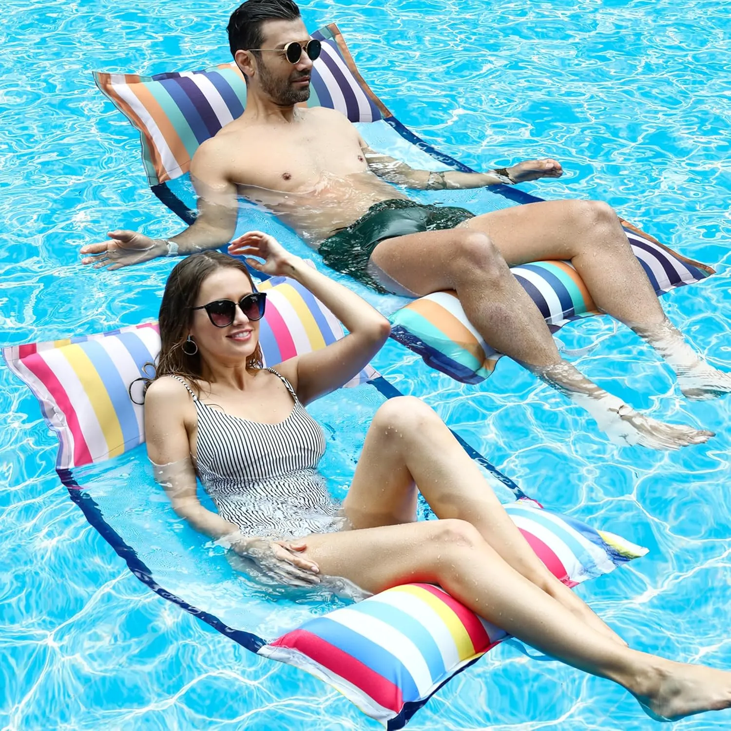 FindUWill 2-Pack Inflatable Pool Floats, XL Large Water Hammock, 4in1 (Saddle, Lounge Chair, Hammock, Drifter) Favric-Covered Pool Lounge for Adults