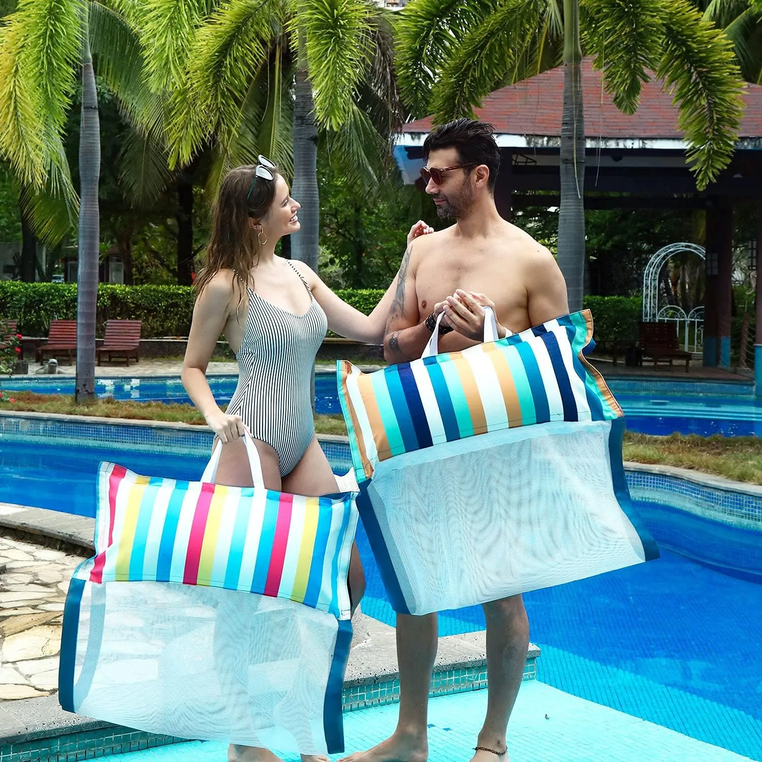 FindUWill 2-Pack Inflatable Pool Floats, XL Large Water Hammock, 4in1 (Saddle, Lounge Chair, Hammock, Drifter) Favric-Covered Pool Lounge for Adults