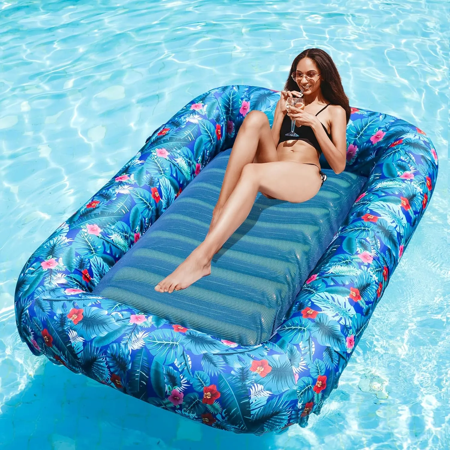 FindUWill Oversized Pool Float Lounge, 72" X 37" Extra Large Fabric-Covered Pool Floats for Adults, Inflatable Contour Lounger with Headrest Ultra-Comfort Cooling Pool Raft (XL, Monstera)
