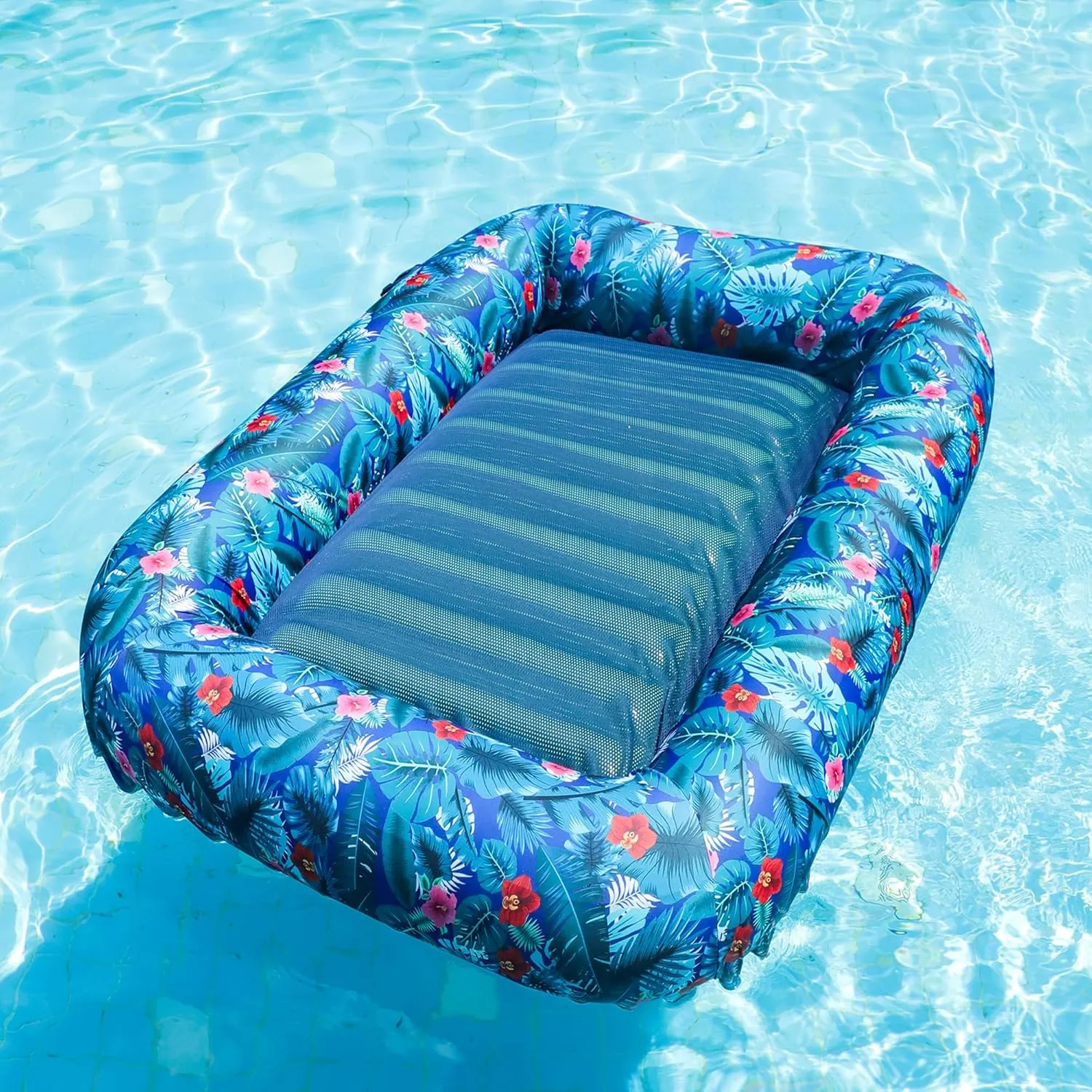 FindUWill Oversized Pool Float Lounge, 72" X 37" Extra Large Fabric-Covered Pool Floats for Adults, Inflatable Contour Lounger with Headrest Ultra-Comfort Cooling Pool Raft (XL, Monstera)