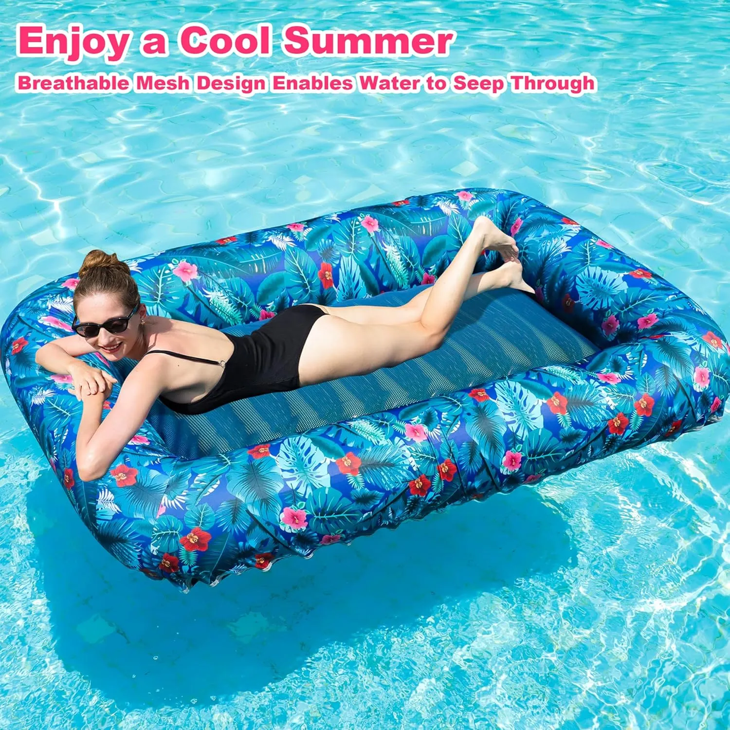 FindUWill Oversized Pool Float Lounge, 72" X 37" Extra Large Fabric-Covered Pool Floats for Adults, Inflatable Contour Lounger with Headrest Ultra-Comfort Cooling Pool Raft (XL, Monstera)