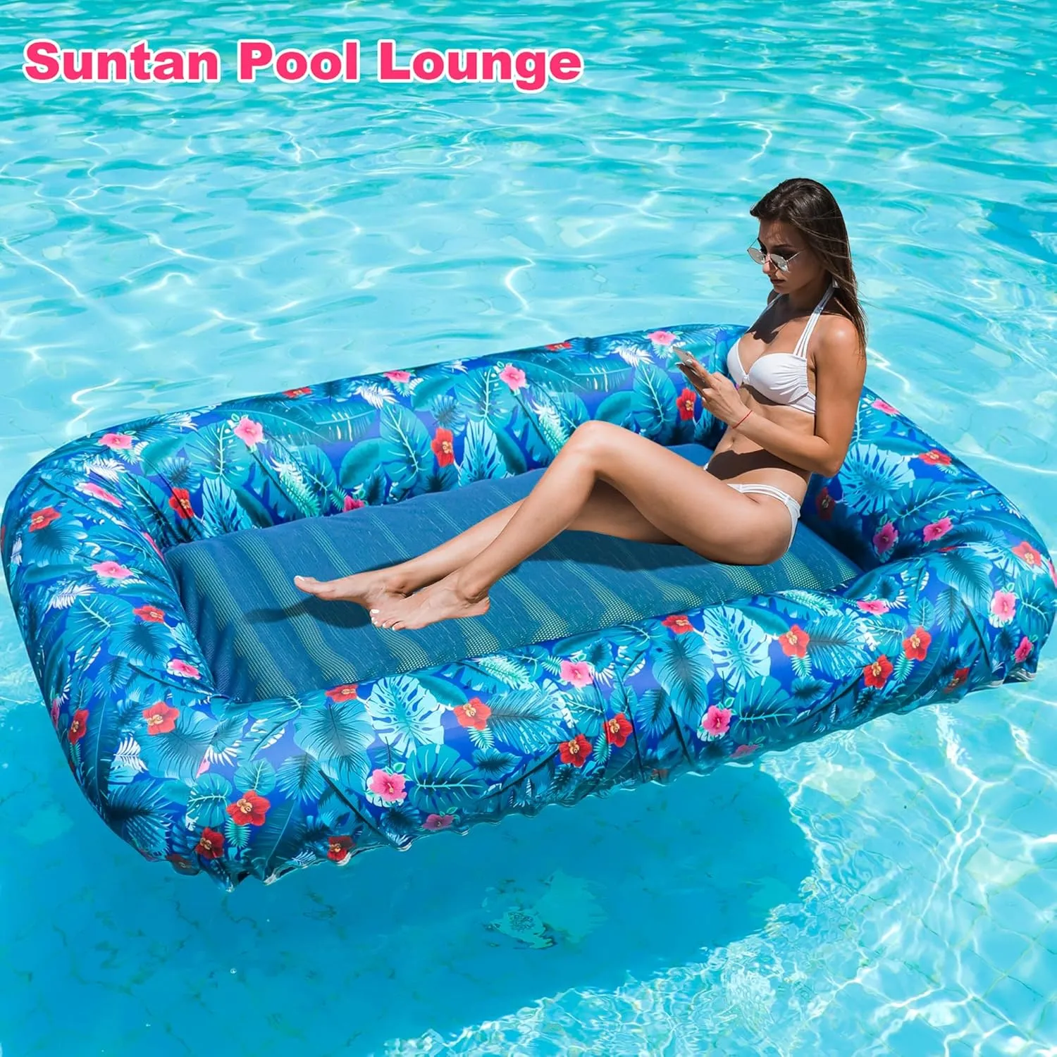 FindUWill Oversized Pool Float Lounge, 72" X 37" Extra Large Fabric-Covered Pool Floats for Adults, Inflatable Contour Lounger with Headrest Ultra-Comfort Cooling Pool Raft (XL, Monstera)