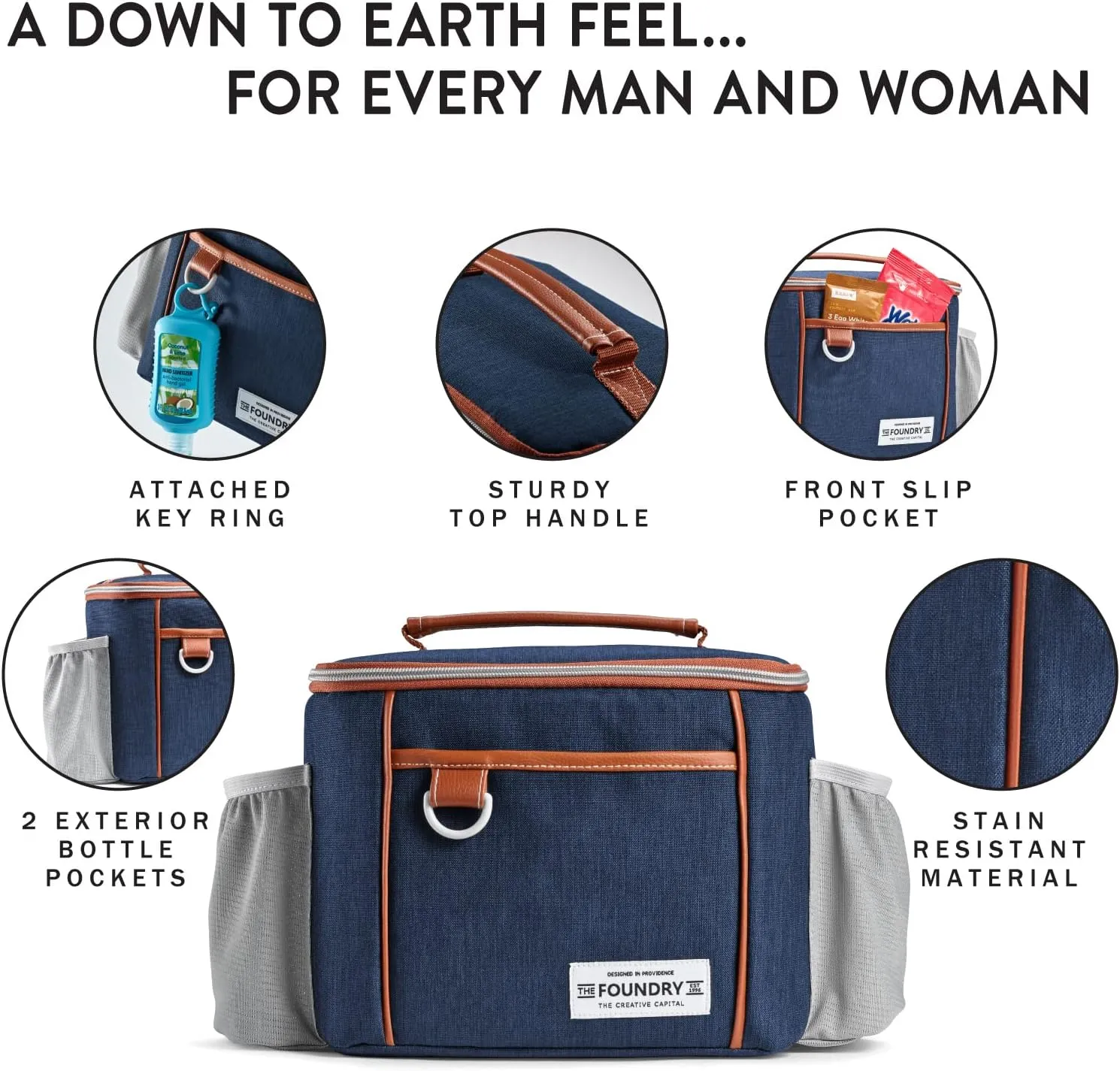 Fit & Fresh Foundry, Promenade Adult Insulated Lunch Bag with Side Pouches, Complete Lunch Kit Includes Matching Container, Navy