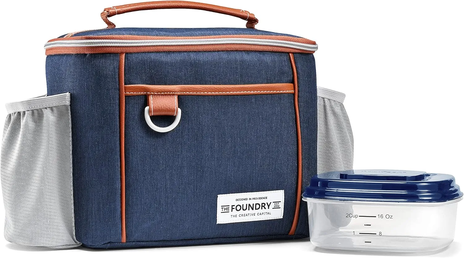 Fit & Fresh Foundry, Promenade Adult Insulated Lunch Bag with Side Pouches, Complete Lunch Kit Includes Matching Container, Navy