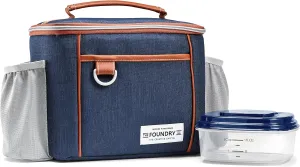 Fit & Fresh Foundry, Promenade Adult Insulated Lunch Bag with Side Pouches, Complete Lunch Kit Includes Matching Container, Navy