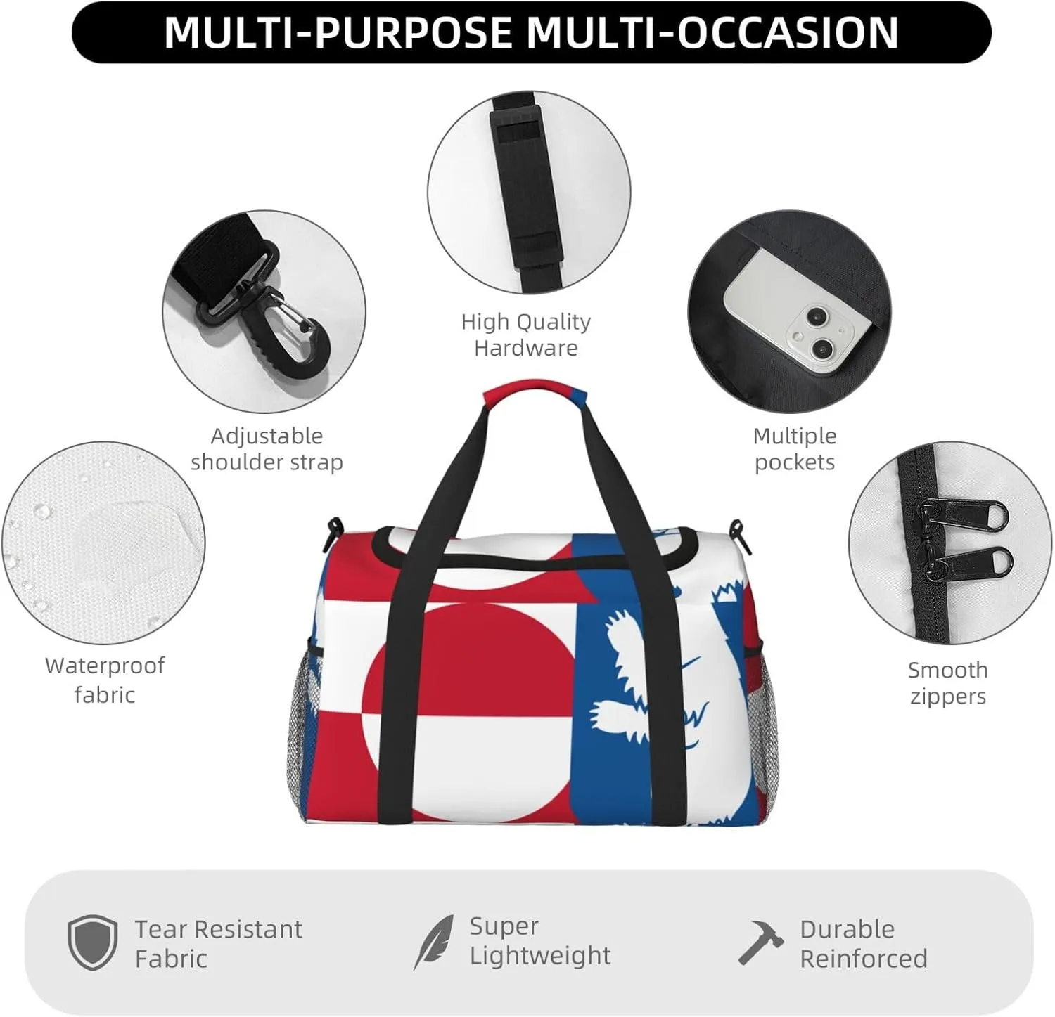 Flag Of Greenland Travel Duffel Bag Large Foldable Waterproof Overnight Bag For Beach Swim Bags Pool Sports Gym