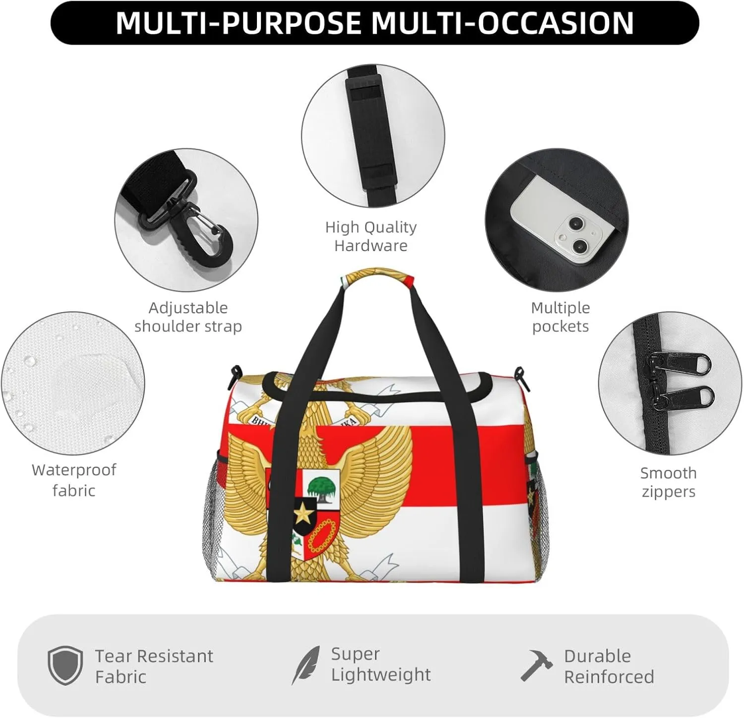 Flag Of Indonesia Travel Duffel Bag Large Foldable Waterproof Overnight Bag For Beach Swim Bags Pool Sports Gym