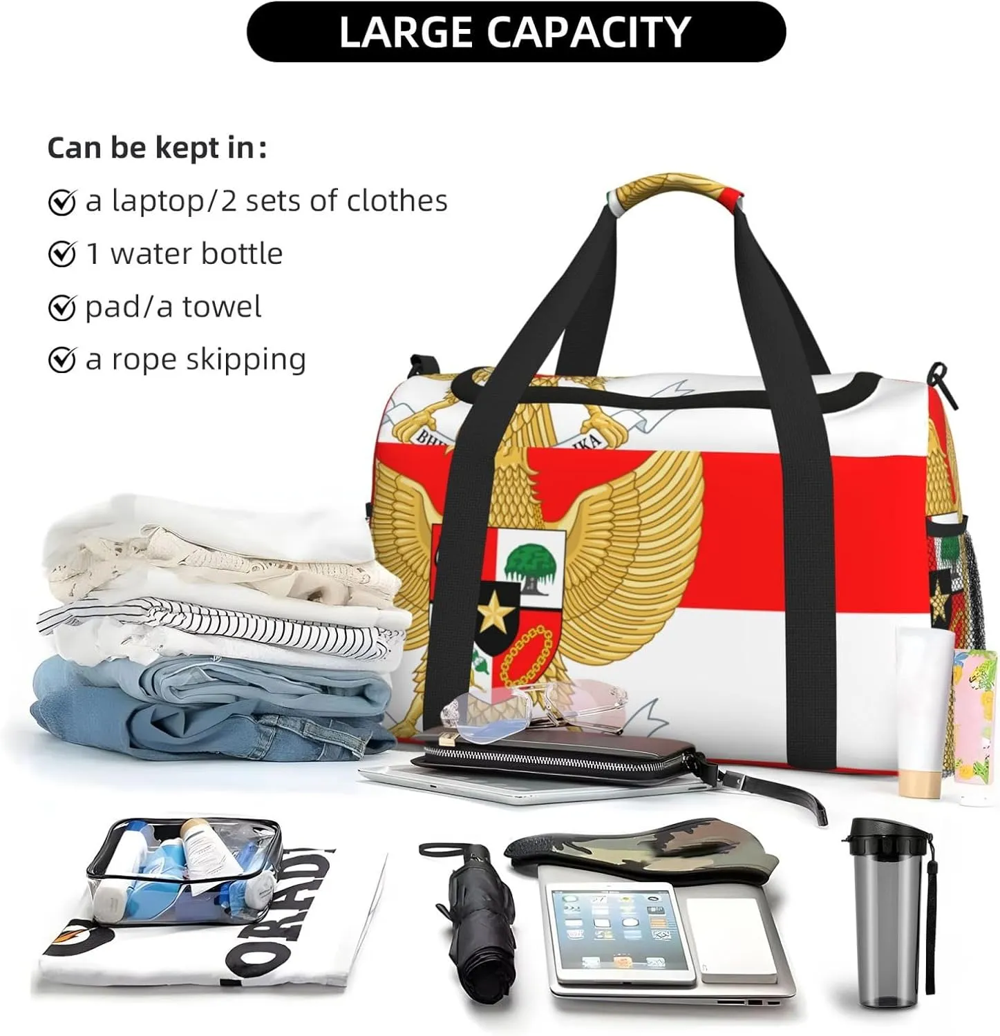 Flag Of Indonesia Travel Duffel Bag Large Foldable Waterproof Overnight Bag For Beach Swim Bags Pool Sports Gym