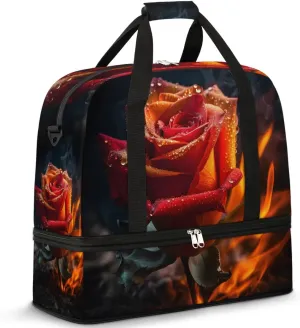 Flaming Roses Pattern Travel Duffel Bag for Women Men Weekender Overnight Bag with Shoe Compartment Foldable Sports Gym Luggage Bag