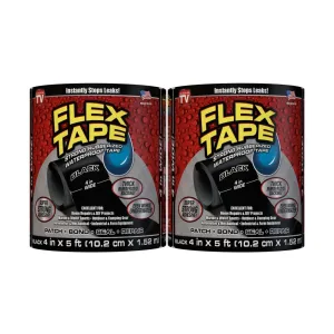 Flex Tape, Original Thick Flexible Rubberized Waterproof Tape - Seal and Patch Leaks, Works Underwater, Indoor Outdoor - Home RV Roof Plumbing and Pool Repairs, Black, 4 in x 5 ft, Pack of 2