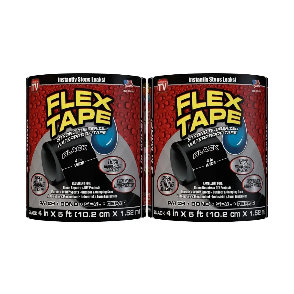 Flex Tape, Original Thick Flexible Rubberized Waterproof Tape - Seal and Patch Leaks, Works Underwater, Indoor Outdoor - Home RV Roof Plumbing and Pool Repairs, Black, 4 in x 5 ft, Pack of 2