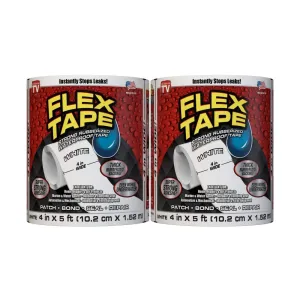 Flex Tape, Original Thick Flexible Rubberized Waterproof Tape - Seal and Patch Leaks, Works Underwater, Indoor Outdoor - Home RV Roof Plumbing and Pool Repairs, White, 4 in x 5 ft, Pack of 2