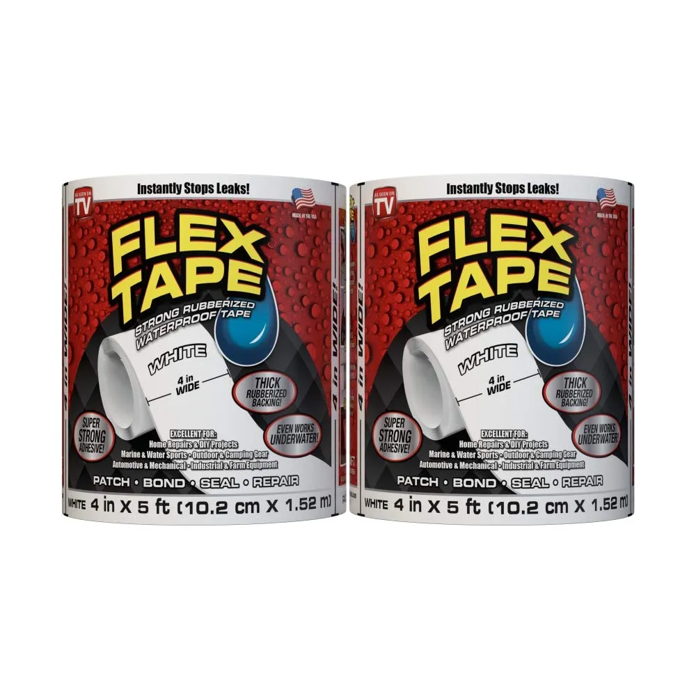 Flex Tape, Original Thick Flexible Rubberized Waterproof Tape - Seal and Patch Leaks, Works Underwater, Indoor Outdoor - Home RV Roof Plumbing and Pool Repairs, White, 4 in x 5 ft, Pack of 2