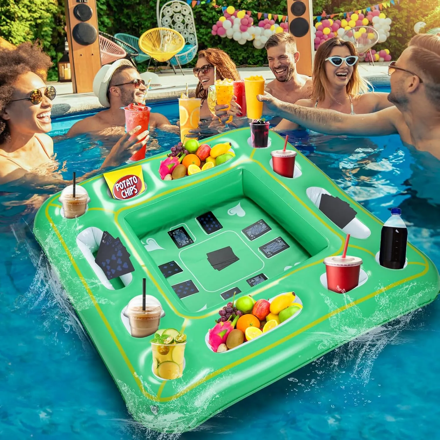 Floating Game Table for Pool - Inflatable Floating Table with Waterproof Playing Cards, 40"x40" Large Pool Float Drinks for Adults, Includes 12 Drink Holders (Green)
