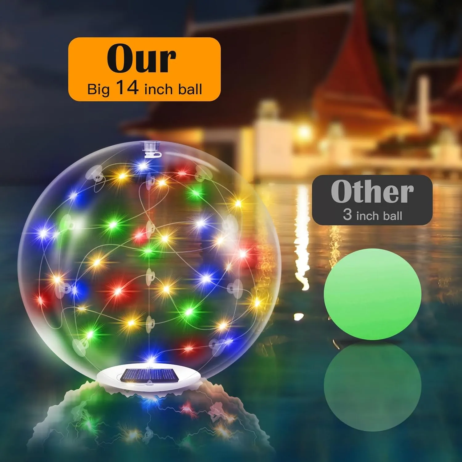 Floating Pool Lights Solar Powered,14 Inch RGBW Inflatable Glow in The Dark Balls,IP68 Waterproof Led Light up for Inground Pool Decorations Outdoor Ornaments Gift