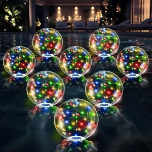 Floating Pool Lights Solar Powered,14 Inch RGBW Inflatable Glow in The Dark Balls,IP68 Waterproof Led Light up for Inground Pool Decorations Outdoor Ornaments Gift
